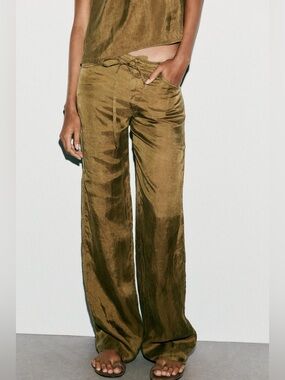 ZARA Flowy Lyocell Trouser Pants with drawstring belt. L NWT